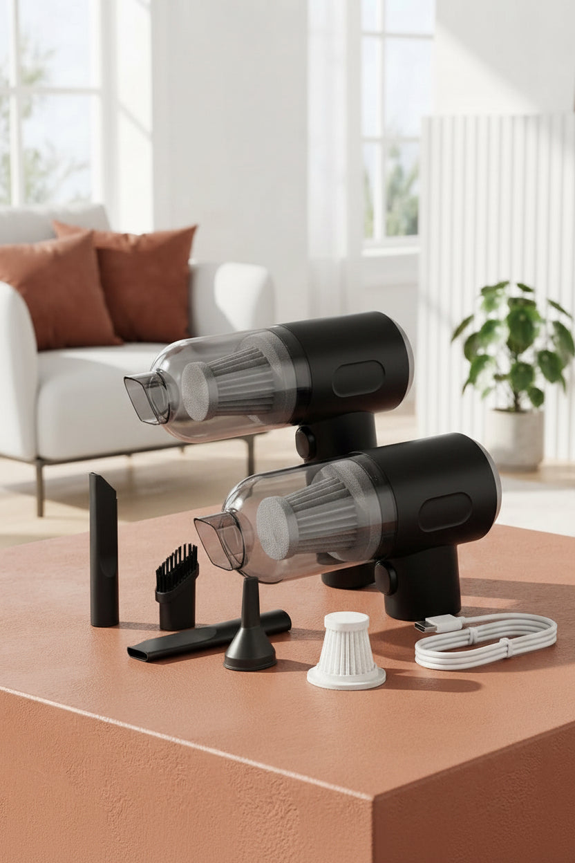 A cordless handheld vacuum cleaner on a terracotta surface in a bright, modern room.